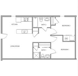 A floor plan of a small apartment with two bedrooms and a living room.