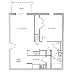 A floor plan of a home showing a living room, dining room, kitchen, bedroom, and bathroom.