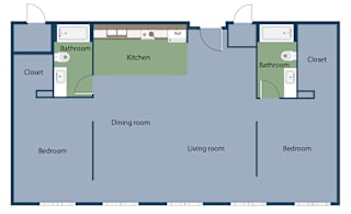 A floor plan of a house with two bathrooms, a kitchen, a dining room, a living room, and four bedrooms.