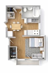 A top-down view of a small apartment with a living room, kitchen, and bathroom.