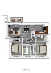 A floor plan of a house with a kitchen, living room, dining room, and two bedrooms.