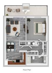 A floor plan of a house with a living room, dining room, kitchen, and two bedrooms.