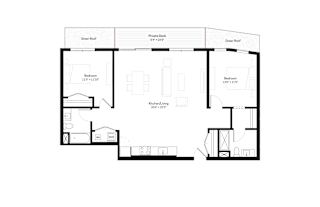 Three-bedroom, two-bath penthouse floor plan
