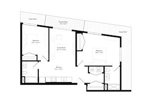 A floor plan of a house with a green roof and a private deck.