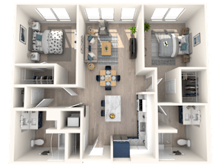 Two Bedroom Two bathroom B 3d floor plan B1D