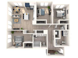Three Bed Two Bath B 3D Floor Plan C1B