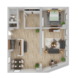 One Bedroom One Bathroom Staged Floor Plan at Brewery Square Apartments, New Haven