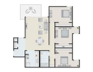 Three-bedroom apartment floor plan with living room, kitchen, and bathroom