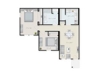 Two Bedroom One Bathroom Floor Plan at The Birches at Saugerties Apartments, Saugerties, NY, 12477