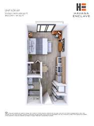 A floor plan of a studio apartment with a bathroom and balcony.
