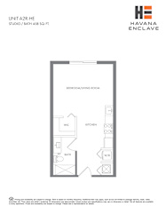 A floor plan for a studio apartment with a bedroom/living room area, kitchen, bathroom, and workspace.