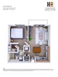 A floor plan of a unit at Havana Enclave showing a bedroom, living room, kitchen, and bathroom.