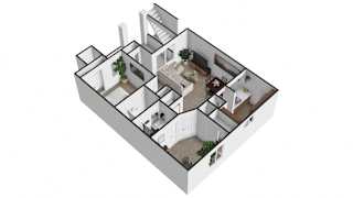 A 3D floor plan of a house with multiple rooms.