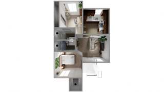 A top down view of a house with a kitchen, living room, and bathroom.
