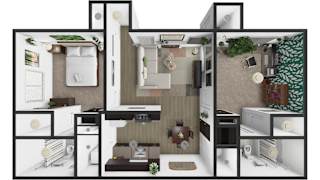 A 3D floor plan of a house with a kitchen, living room, and bathroom.