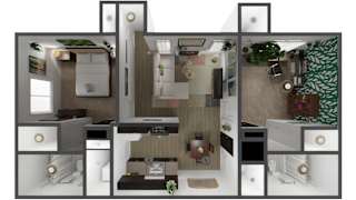 A 3D rendered image of a modern apartment layout.