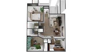 A floor plan of a house with a kitchen, living room, and bedrooms.