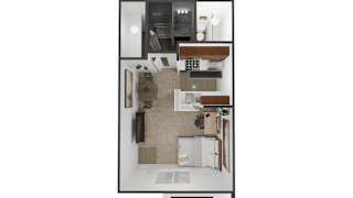 A top-down view of a kitchen with a dining table and chairs.
