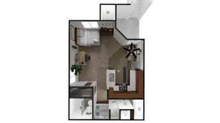 A white and wood kitchen with a large island and a sink.