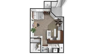 A floor plan of a house with a kitchen, living room, and bathroom.
