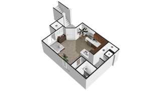 A 3D floor plan of a house with a kitchen, living room, and two bedrooms.