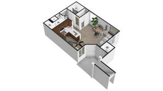 A 3D floor plan of a house with a living room, kitchen, and two bedrooms.