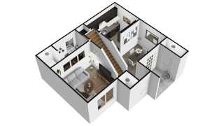 A 3D floor plan of a house with multiple rooms.