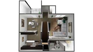 A modern interior design of a house with a kitchen, living room, and bathroom.