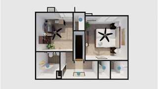 A top down view of a house layout with a kitchen, living room, and bathroom.