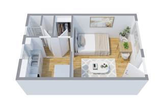 A top down view of a studio apartment with a bedroom, living space, and kitchen at Cornerstone Apartments