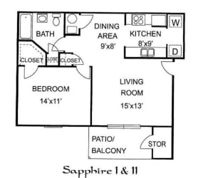 Sapphire 1 Bedroom 1 Bathroom, 685 sq. ft., at Barton Farms in Greenwood, IN 46143