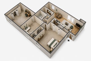 A 3D rendered image of a house layout.