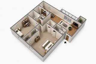 A 3D floor plan of a house with a kitchen, living room, and bedrooms.
