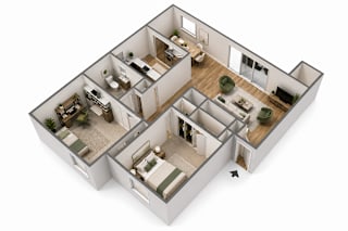 A 3D floor plan of a house with a kitchen, living room, and two bedrooms.