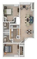 Two bedroom two bathroom 3D floor plan at The Berryessa Apartments, Columbus, 43229