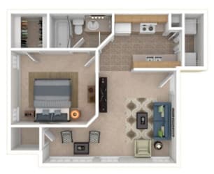 One bedroom floor plan with open layout at The Berryessa Apartments, Columbus