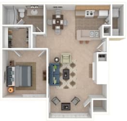 3D floor plan of one bedroom apartment at The Berryessa Apartments, Ohio