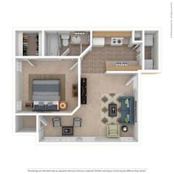 One bedroom one bathroom 3D floor plan at The Berryessa Apartments, Columbus, OH