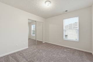 A room with a carpeted floor, a window with blinds, and a sliding glass door.