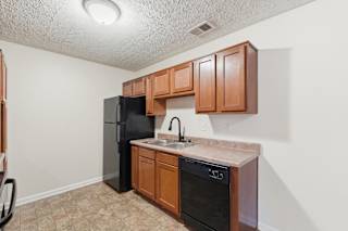 A kitchen with a black fridge, brown cabinets, and a black dishwasher.