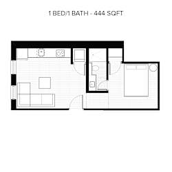 A black and white image of a 1 bedroom/1 bathroom apartment of 444 square feet.