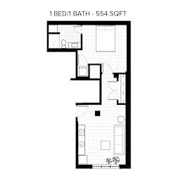 A floor plan of a 1 bedroom apartment with a bathroom.