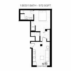 A floor plan of a 1 bedroom apartment with a bathroom.