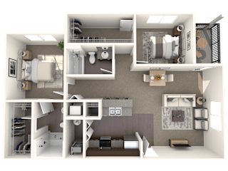 A 3D floor plan of a house showing a kitchen, living room, and two bedrooms.