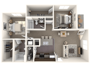 A 3D rendered image of a small apartment layout.