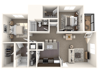 A 3D rendered image of a small apartment layout.