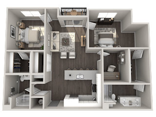 a 3d rendering of a floor plan with a bedroom and a living room