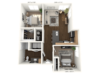A 3D floor plan of a small apartment with a living room, kitchen, and bathroom.