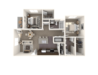 A 3D floor plan of a house showing a living room, kitchen, and two bedrooms.