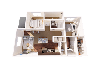 A 3D floor plan of a house with a living room, kitchen, and two bedrooms.